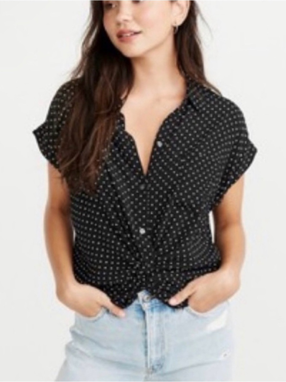 Abercrombie&Fitch Black Polka Dot Twist Front Button Down Short Sleeve Top Small